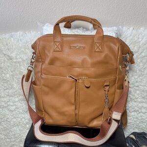 LILY JADE large diaper bag Cognac Tan Convertible Leather Backpack Striped Strap